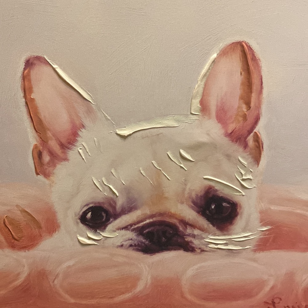 “My Happy Place” Canvas Art With French Bulldog In Bed By Lucia Heffernan - 17”